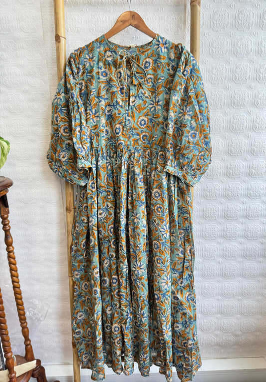 Elegant Block print Midi Dress stitched to be your next comfy dress this Summer in Soft Corn Green Orange Dreamy Era