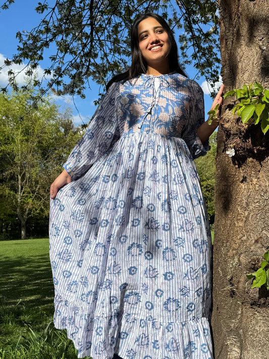 Pure Cotton Long Dress Indian Block Print Boho Colourful Summer Earthy Elegant Comfy Daywear Mom Outfit | Quilted Blue White Bib Country Vibe