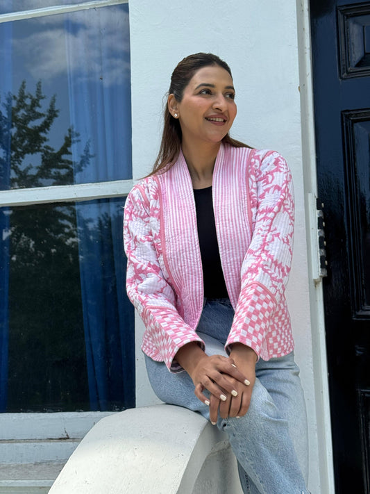 Cotton quilted open jacket Mint Pink flora