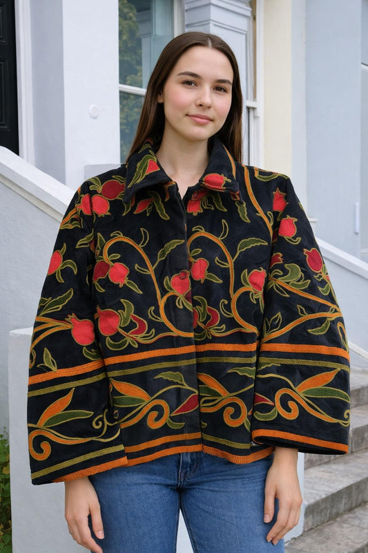 Velvet Bolero Open Jacket with Threaded Embroidery Black Orange Red Yellow Green