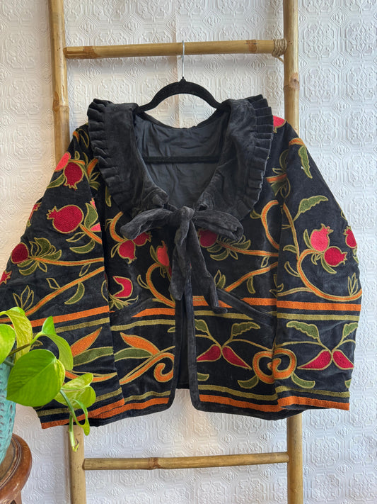Velvet Bolero Open Jacket with Threaded Embroidery Black Red Yellow Orange