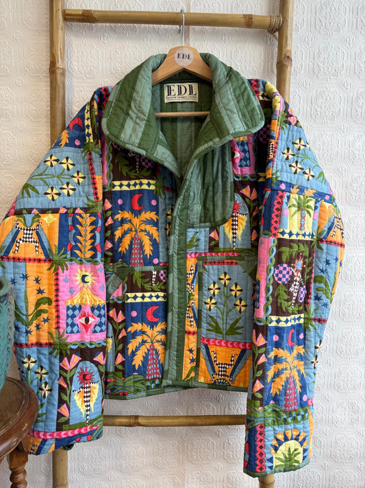 Cotton quilted open jacket Forest Green Multi Color
