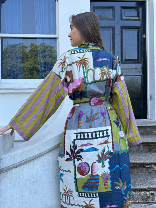 Multi Coloured Printed Cotton Kimono| Contrast Stripe | Ruffle Collar