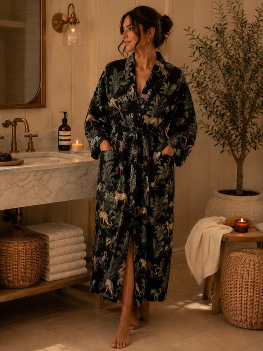 Pure Waffle Cotton Handprinted House Bath Dress Robe Summer Kimono | Floral Spa Beach Coverup | Black Jungle Safari