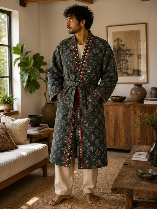 Quilted Unisex Cotton Reversible Long Winter Dressing Kimono Robe Boho Block-print Classic Emerald Red Mughal Motif Stripe Christmas Love Gift