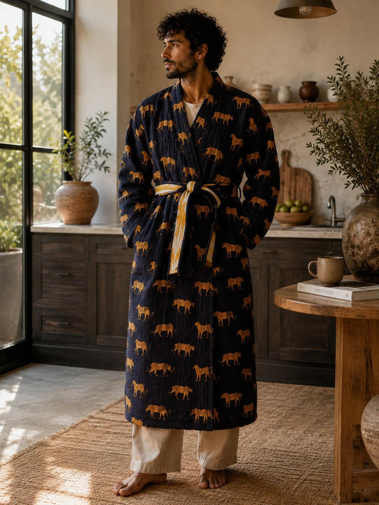 Quilted Unisex Cotton Reversible Long Winter Dressing Kimono Robe Boho Block-Black Leopard Ikat Yellow