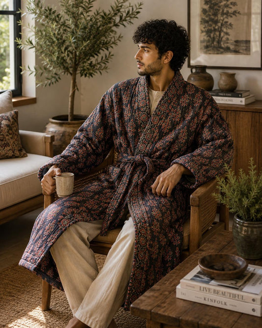 Quilted Unisex Cotton Reversible Long Winter Dressing Kimono Robe Boho Block-print Classic Black Red Mughal Motif Stripe Christmas Love Gift