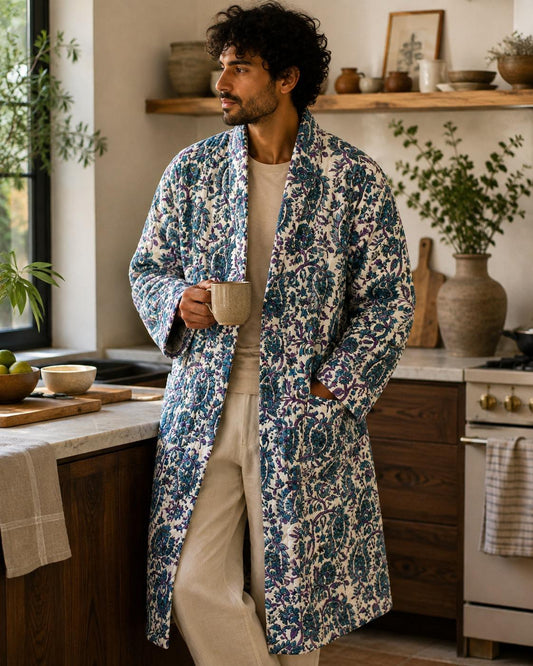 Quilted Unisex Cotton Reversible Long Winter Dressing Kimono Robe Boho Block-Blockprint Classic White Purple Aqua Paisley Ocean Green