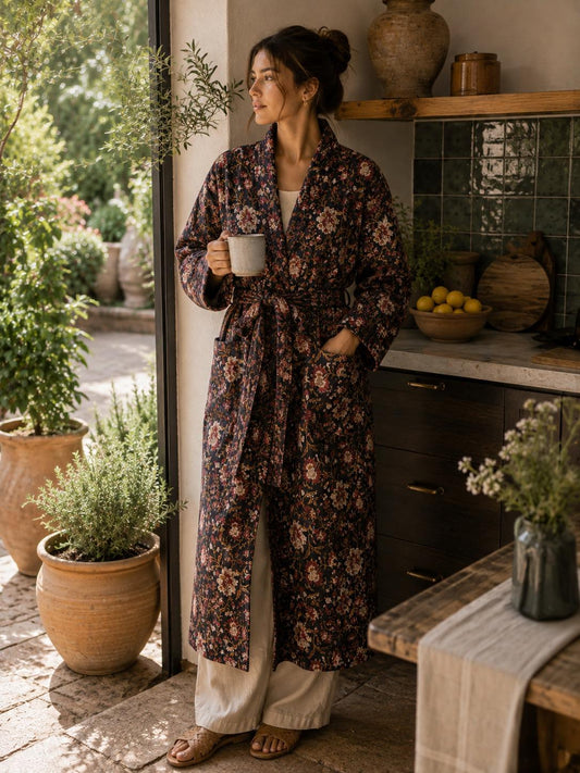 Quilted Unisex Cotton Reversible Long Winter Dressing Kimono Robe Boho Block-Black Beige Red Mughal Garden Stripe