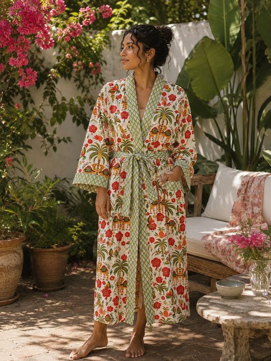 Pure Cotton Handprinted House Robe Summer Kimono | Floral Beach |Quirky Spring White Red