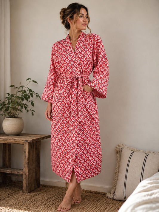 Pure Cotton Block printed Red White Mughal Mini Motif Gardenia Beach Coverup