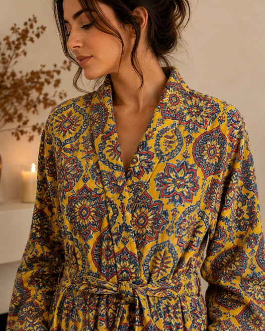 Luxury Velvet House Knee Short Robe Unisex Kimono Boho Jacket Spring Coat | Quirky Autumn Winter Gift Quirky Yellow Geometric