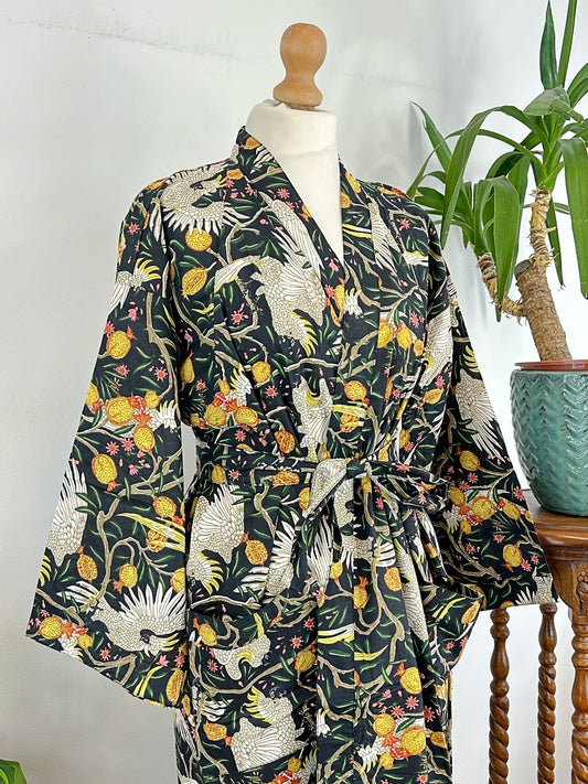 Pure Cotton Block printed Black Exotic Love Bird Fruit