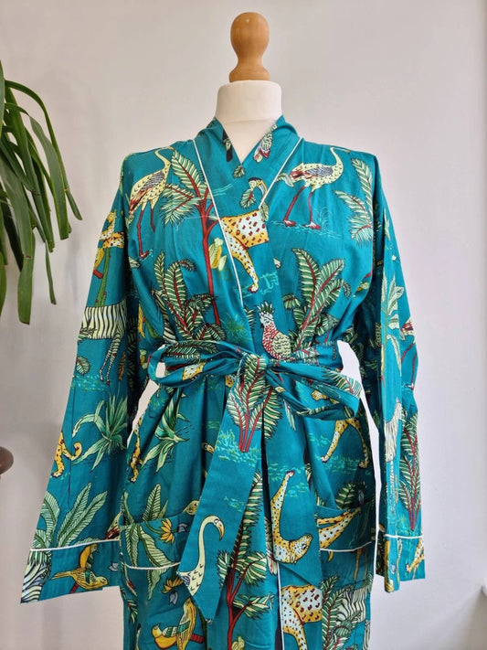 Pure Cotton Indian Block printed House Robe Summer Kimono | Floral Beach Coverup/Comfy Maternity | Spring Teal Turquoise Safari Animal Print