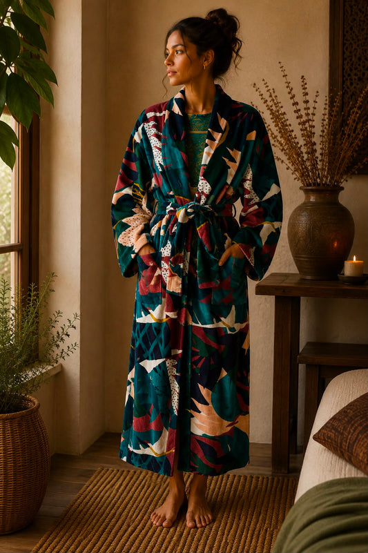 Luxury Velvet House Robe Unisex Kimono Green Blue Beige White Rust Mustard Abstract