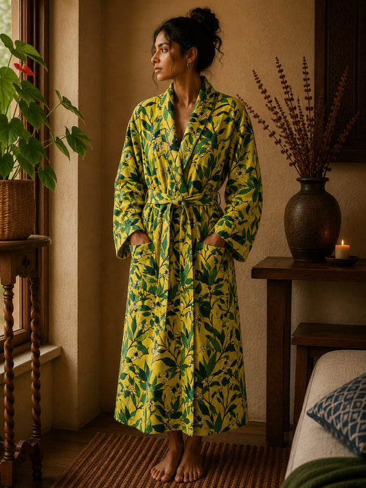Luxury Velvet House Robe Unisex Kimono Yellow Green Forest Leaves
