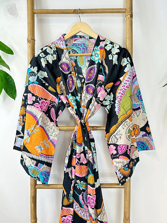 Men’s Cotton Block print House Dressing Robe Kimono - Bohemian Quirky Black Orange Aqua Abstract Magic | Holiday Spa Boho Style