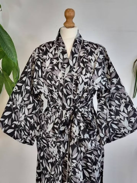 Pure Cotton Handprinted House Robe Summer Kimono | Floral Beach Coverup/Comfy Maternity Monochrome Black White Grey Leaves