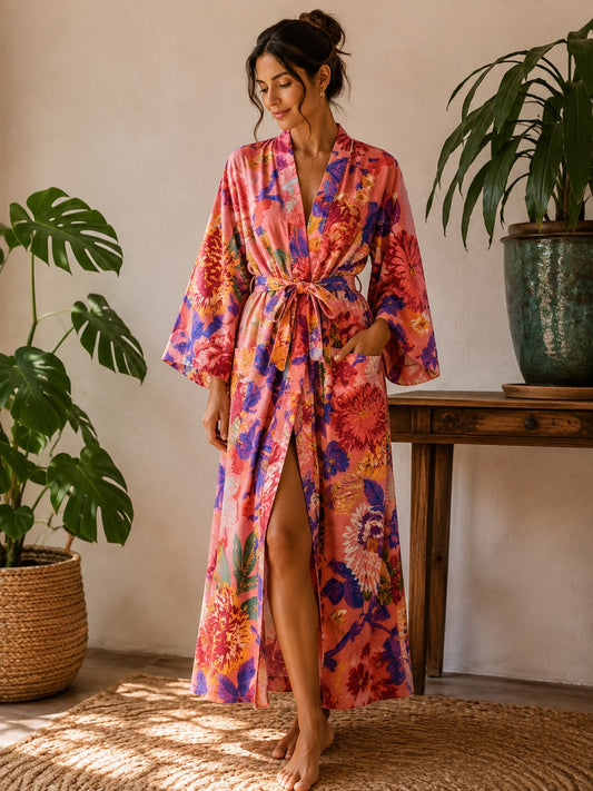 Pure Cotton Block printed Spring Peach Multicolour Botanical Bloom
