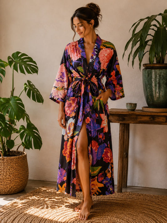 Pure Cotton Block printed Black Multicolour Botanical Bloom