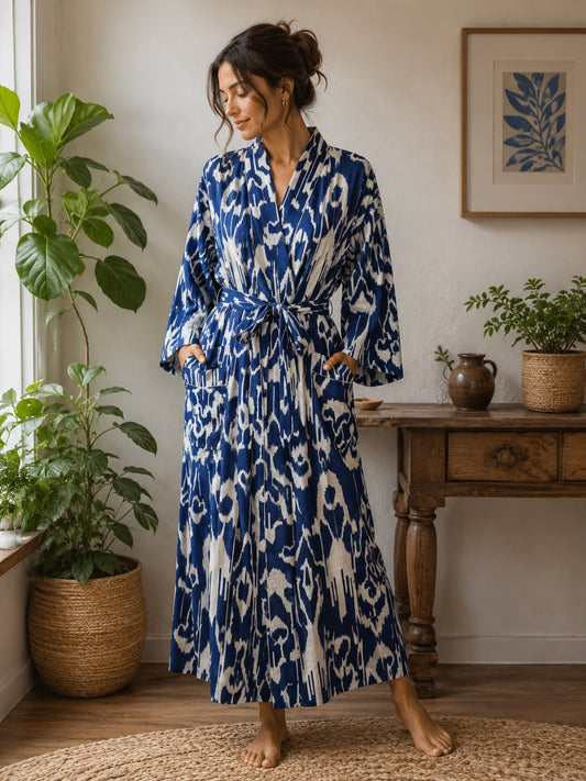 Pure Cotton Handprinted House Robe Summer Kimono | Floral Beach Coverup/Comfy Maternity Mom | Royal Blue White Ikat Print