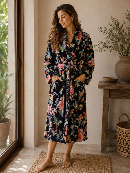 Luxury Velvet House Robe Unisex Kimono Reversible in mix shade print.