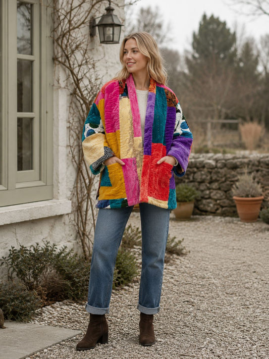 Luxury Velvet Boho Quirky Floral Layer Dinner Chic Coat Patchwork Jacket Winter Christmas Luxury Gift | Elegant Regal Classic Multicolour