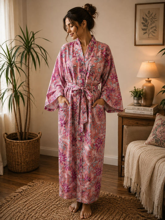 Pure Cotton Handprinted House Robe Tropical Kimono - Floral Rose Pink Peach Hibiscus Botanical Paradise Beach Coverup/Comfy Maternity