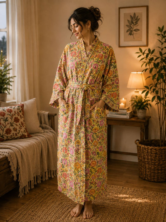 Pure Cotton Block printed Spring Soft Yellow Pink Orange