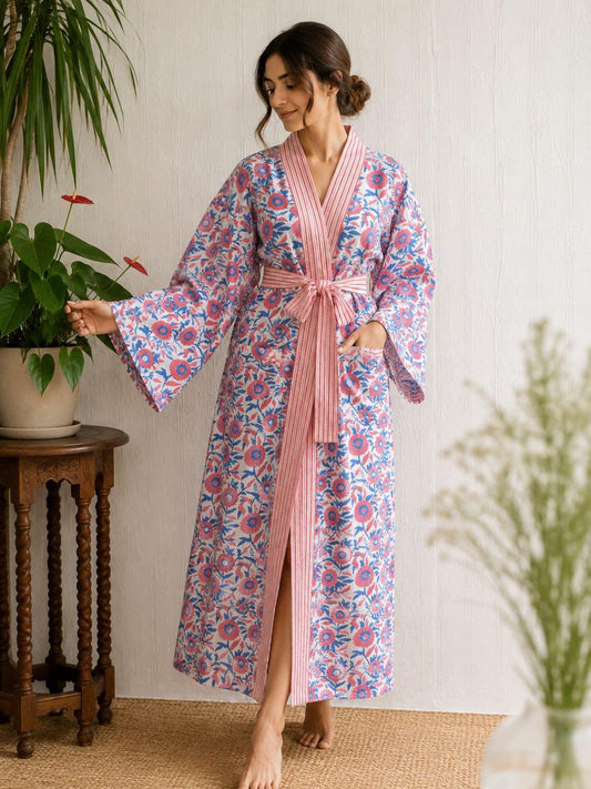 Pure Cotton Block printed Pastel White Peach Pink Blue Dream Gardenia