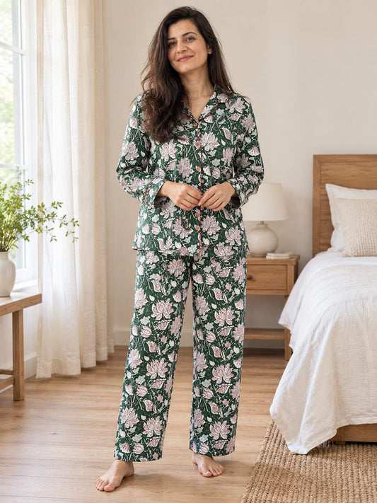 Luxury Hand Printed Indian Blockprint Pure High Quality Cotton | Summer Mughal Green White Floral