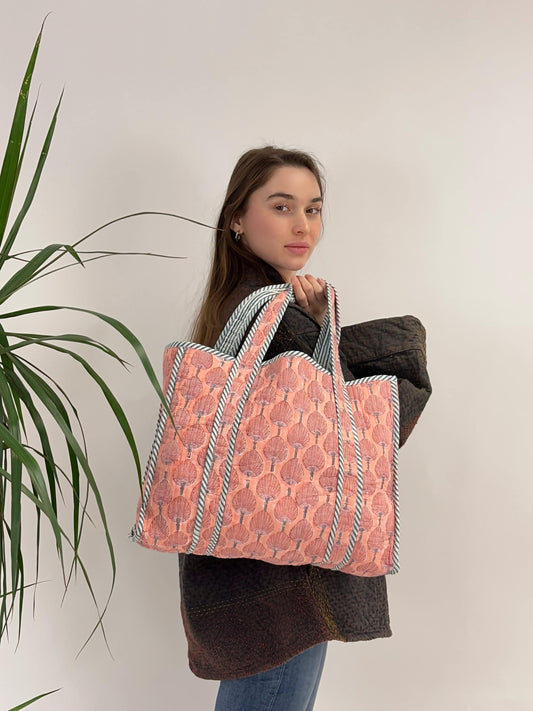 Quilted Cotton Handprinted Reversible Large Pastel Peach Floral Tote Bag Eco friendly Sustainable Sturdy Grocery Shopping HandmadeáArtáBoho