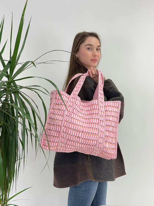 Quilted Cotton Handprinted Large Spring Pastel Pink White Geometric Tote Bag Eco friendly Sturdy Grocery Shopping Handmade ArtistáBoho