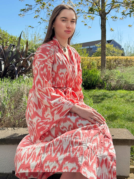 Pure Cotton Block printed Quirky Spring Love Peach Ikat Boho Oriental Abstract Festival