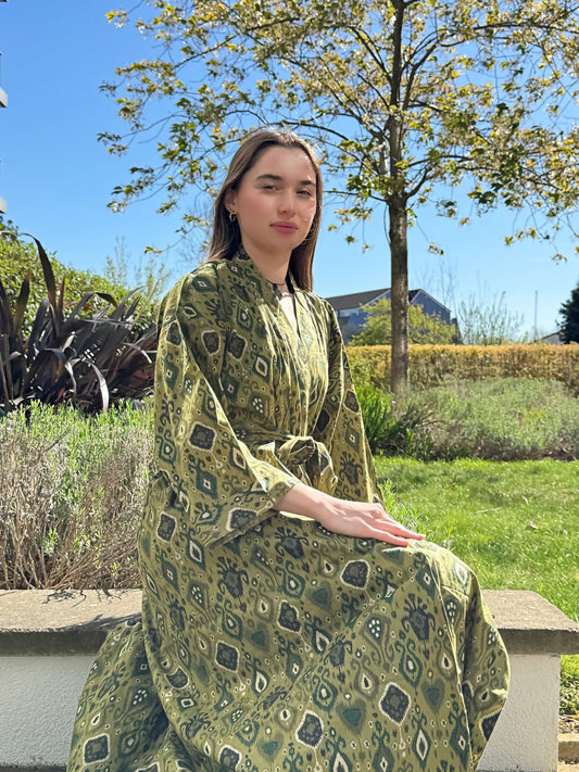 Pure Cotton Block printed Eco-fashion Olive Green Black Ikat Diamond