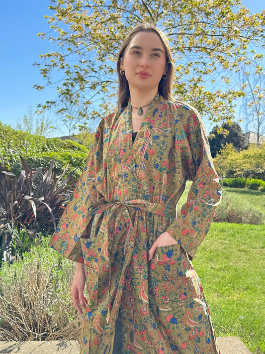 Pure Cotton Block printed Spring Olive Green Blue Peach Botanical Forest