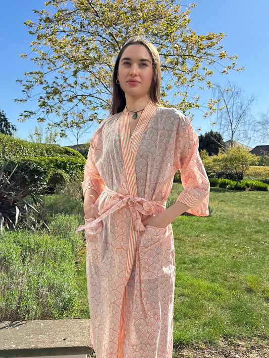 Pure Cotton Block printed Peach White Floral print