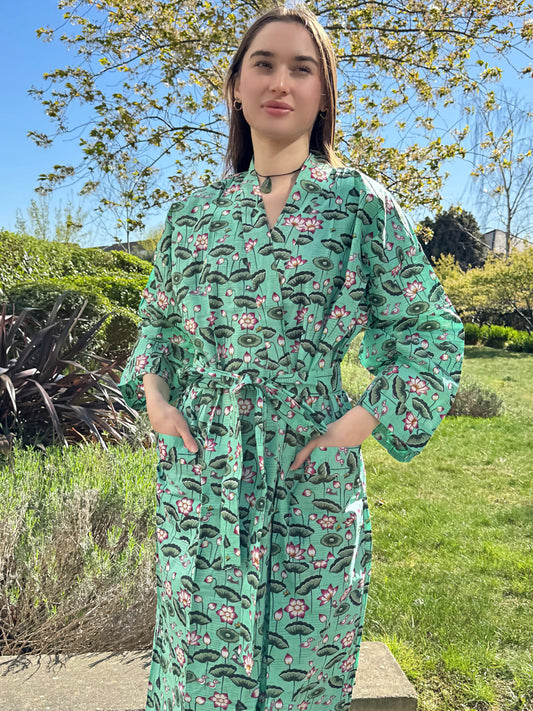 Pure Cotton Block printed Turquoise Olive Pink Bloom Lotus