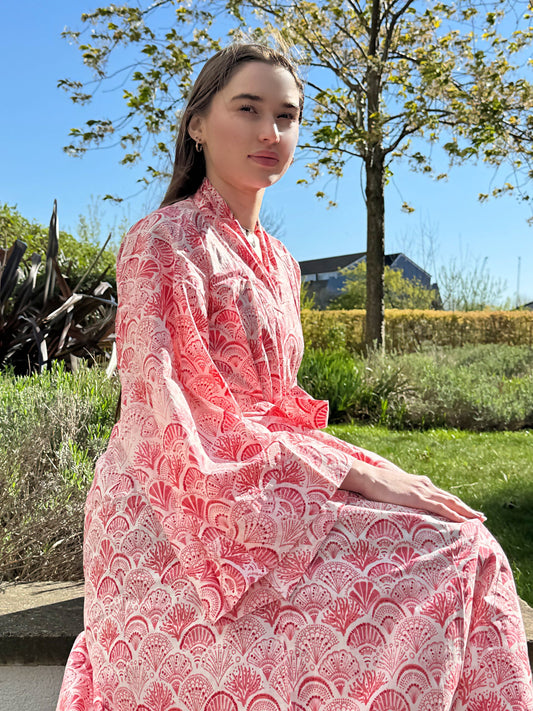 Pure Cotton Block printed Quirky Spring Blue White Shell Pattern Boho Oriental Abstract Festival