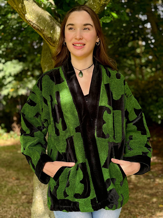 Exclusive Velvet Outdoor Jacket with Hand Embroidery. Black with sage green towel effect