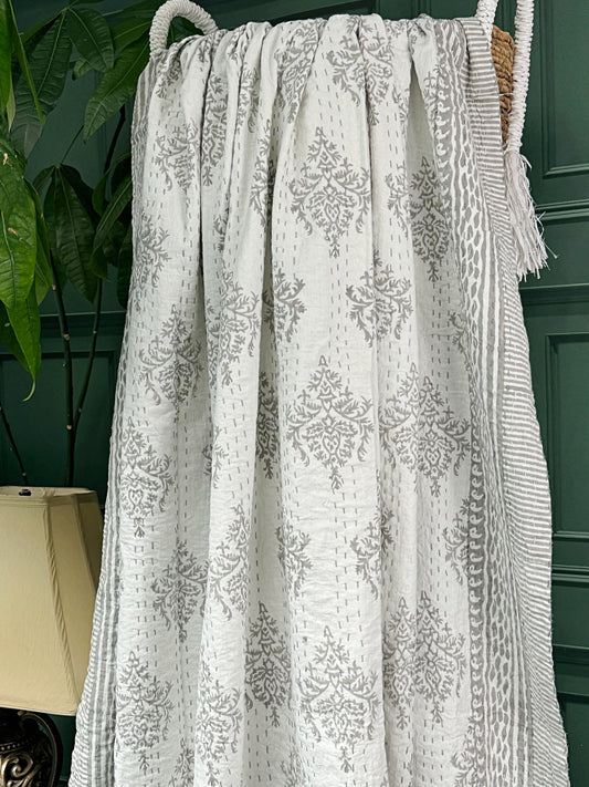 Elegant White Grey Tribal Motif Stripe Kantha Stitch Bed Throw Dohar Hand-block Artisan Summer