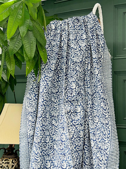 White Blue Jaipur Floral Persian Pottery Motifs Kantha Stitch Bed Throw Dohar Hand-block Artisan Summer