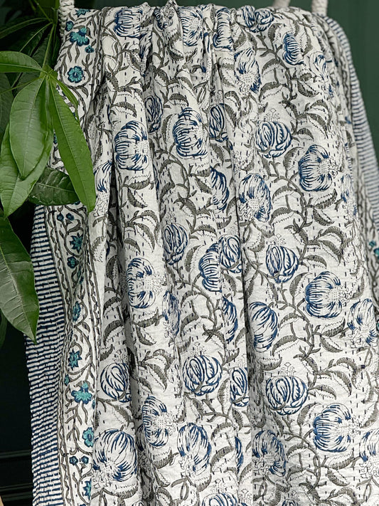 White Blue Exotic Wisconsin Bloom Garden Kantha Stitch Bed Throw Dohar Hand-block Artisan Summer