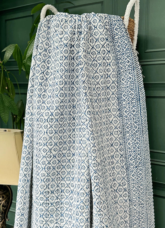 Diamond Weave Petal Kantha Stitch Bed Throw Dohar Hand-block Artisan Summer