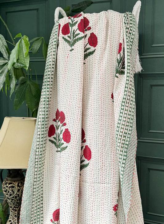 Pastel White Red Green French Stripe Kantha Stitch Bed Throw Dohar Hand-block Artisan Summer