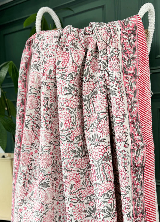 Elegant White Grey Pink Country Floral Kantha Stitch Bed Throw Dohar Hand-block Artisan Summer