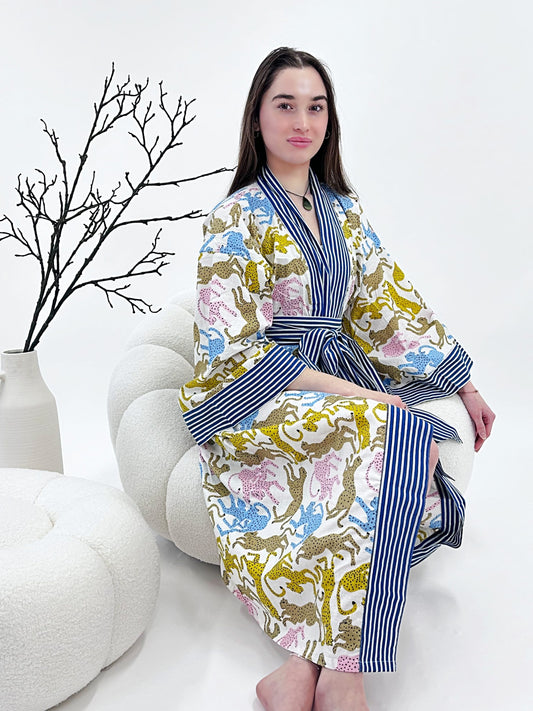 Pure Cotton Block printed White Blue Cheetah