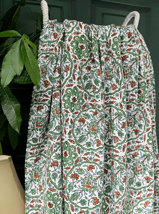 Handmade HandPrinted Floral Dohar White Sage Green Pottery Mandala Geometric Kantha Stitch Bed Throw Dohar Hand-block Artisan Summer