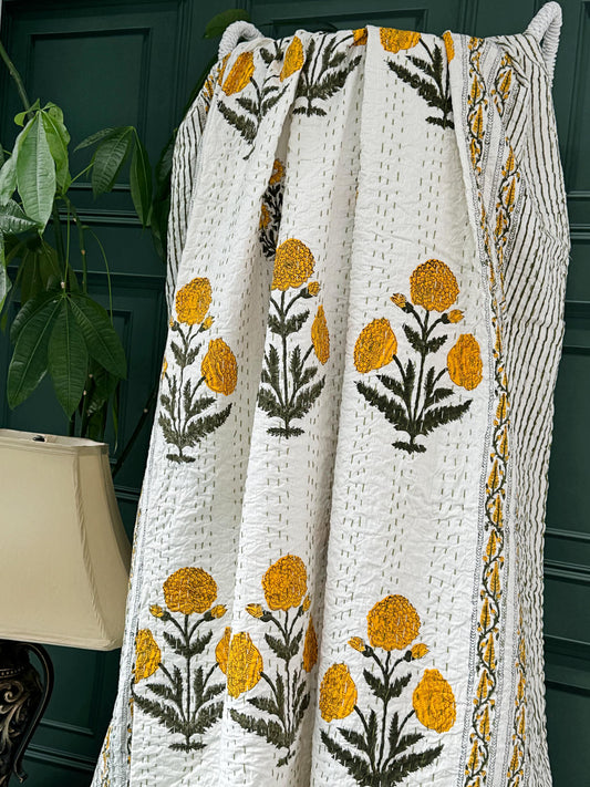 White Yellow Green Marigold Garden Stripe Kantha Stitch Bed Throw Dohar Hand-block Artisan Summer