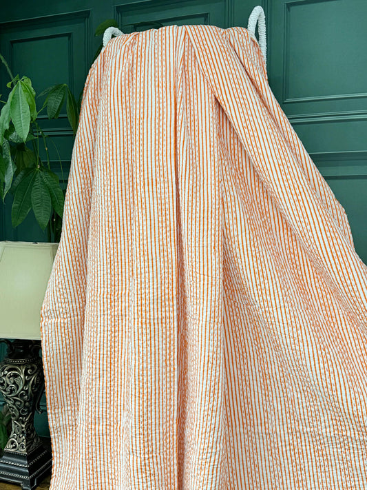 Artisanal Indian Blankets Orange White Stripes Kantha Stitch Bed Throw Dohar Hand-block Artisan Summer